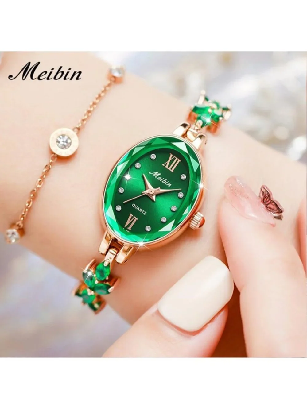Women's Green Crystal Diamond Bangle Ladies Bracelet Luxury Oval Gold Watches